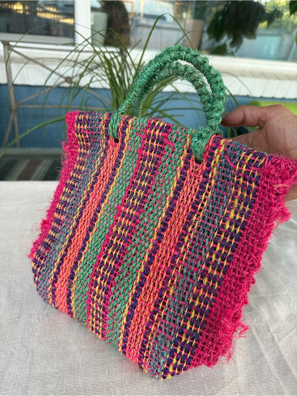 Handwoven Multicolor Straw Tote Bag with Green Handles. Mini jute bag .